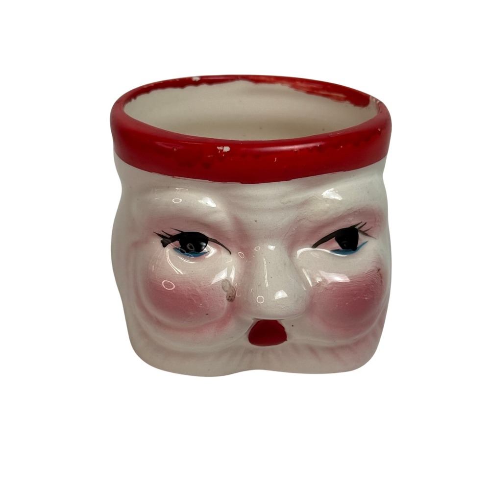 Vintage Ceramic Santa Claus Head Toothpick Holder Red White Christmas Kitsch
